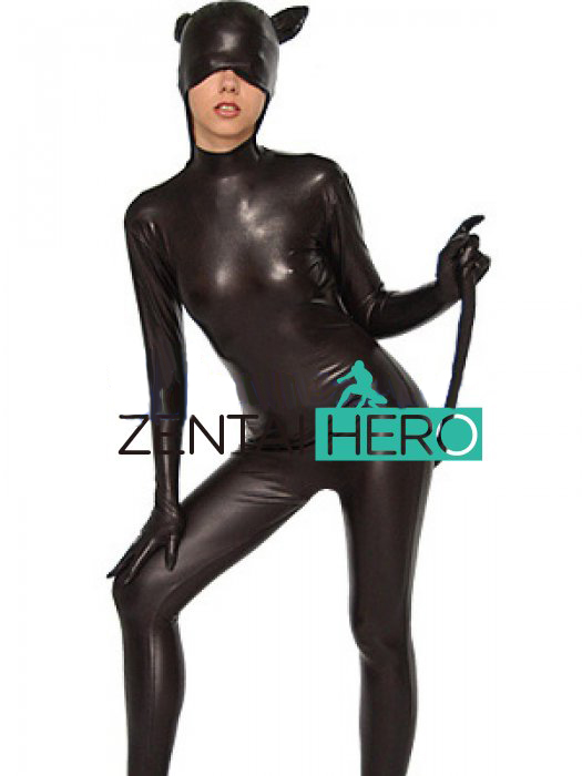 Wetlook Cat Suit With Tail Open Mouth