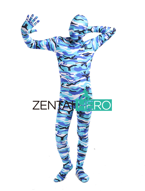Blue Camouflage Pattern Lycra Spandex Full Body Zentai Suit